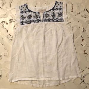 LOFT White and Blue Embroidered Top